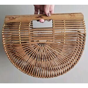 Wood Birdcage Bamboo Slat Purse Handmade Handbag Boho 70s MCM Half Moon